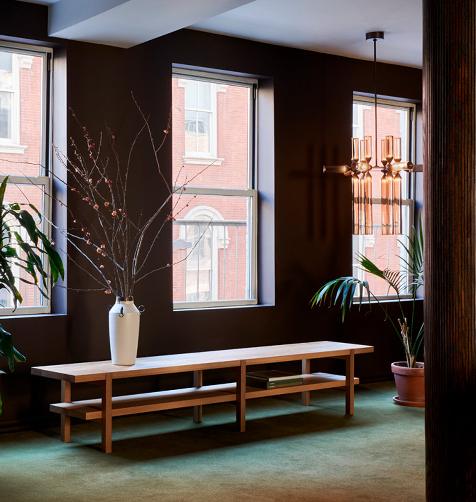 Chamber Bench - 96 inch (White Oak) — Roll & Hill Showroom, New York City. Image by Louisa Fulkerson + Fyodor Shiryaev
