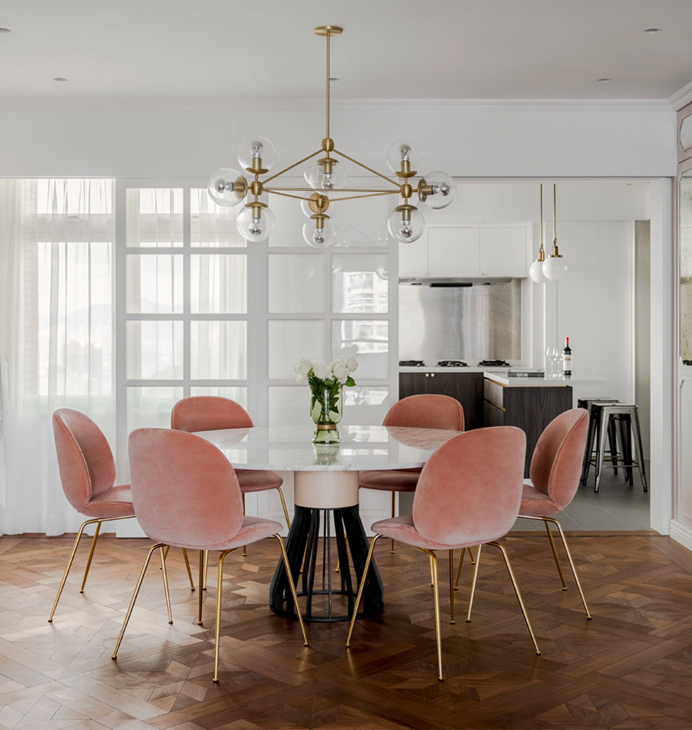 Chandelier - 3 Sided, 10 Globes (Brushed brass/Clear) — Hong Kong. Interior by YC Chen.