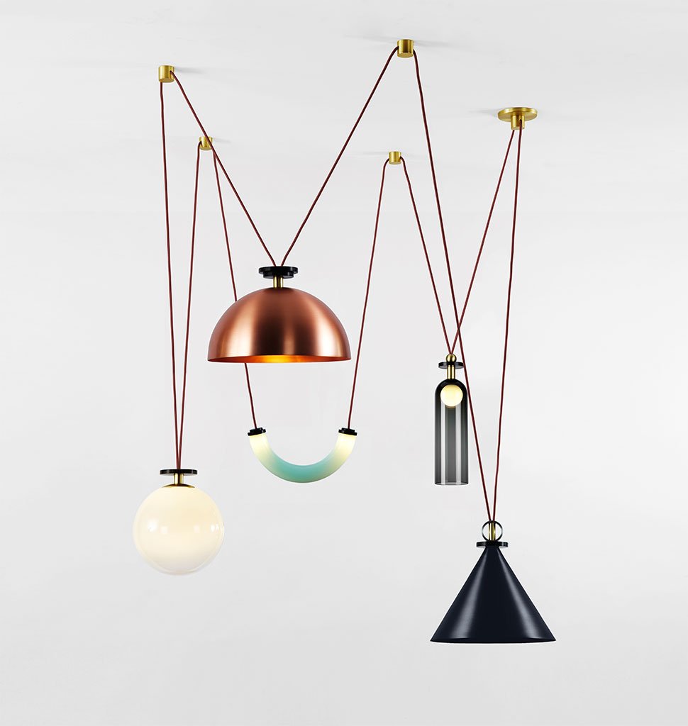 5-Piece Chandelier (Blackened steel cone/Brushed copper hemisphere)