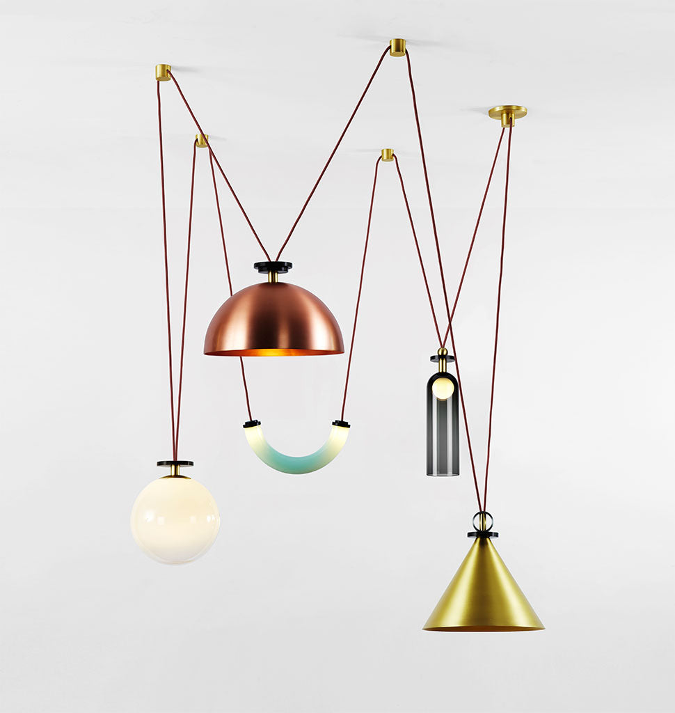 5-Piece Chandelier (Brushed brass cone/Brushed copper hemisphere)