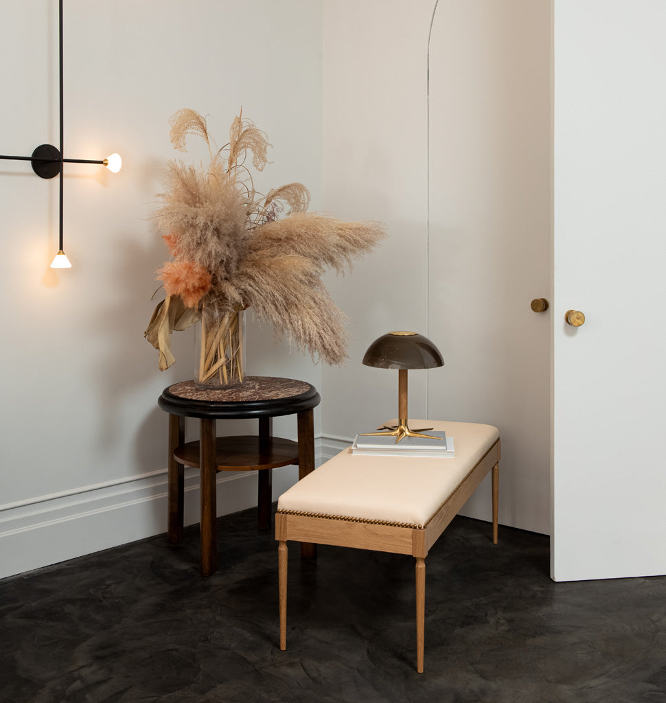 Table Lamp (White Oak/Unlacquered brass) — Roll & Hill Showroom, New York City. Image by Sarah Elliott