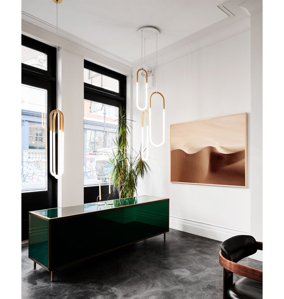 Loop 01, Loop 02, Loop 03, Double, Custom Configuration (Satin brass) Roll & Hill Showroom, New York City. Image by Brooke Holme